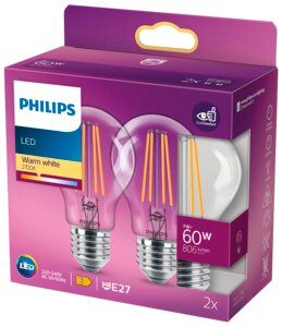 PHILIPS LED-filamentpære 7W E27 2-pak