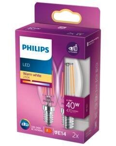 PHILIPS LED-filamentpære 4,3W E14 2-pak