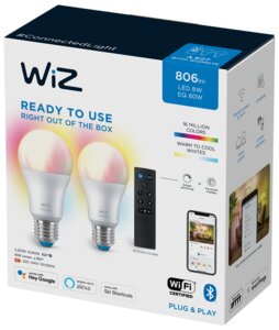 WiZ LED-pære 8W E27 2-pak A60 + WiZmote